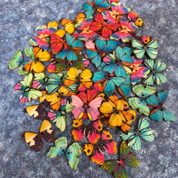 20 Wooden Butterfly Buttons| 2 Hole buttons\ Craft buttons\ Insect Buttons\ Insect 2 hole wooden buttons\ Mixed color insect buttons