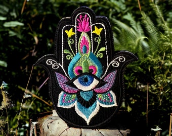 Indian Hand Hamsa Embroidered Patch - 3.87" x 3.23" - A Symbol of Protection and Blessings/Sew On/Iron On/Hook