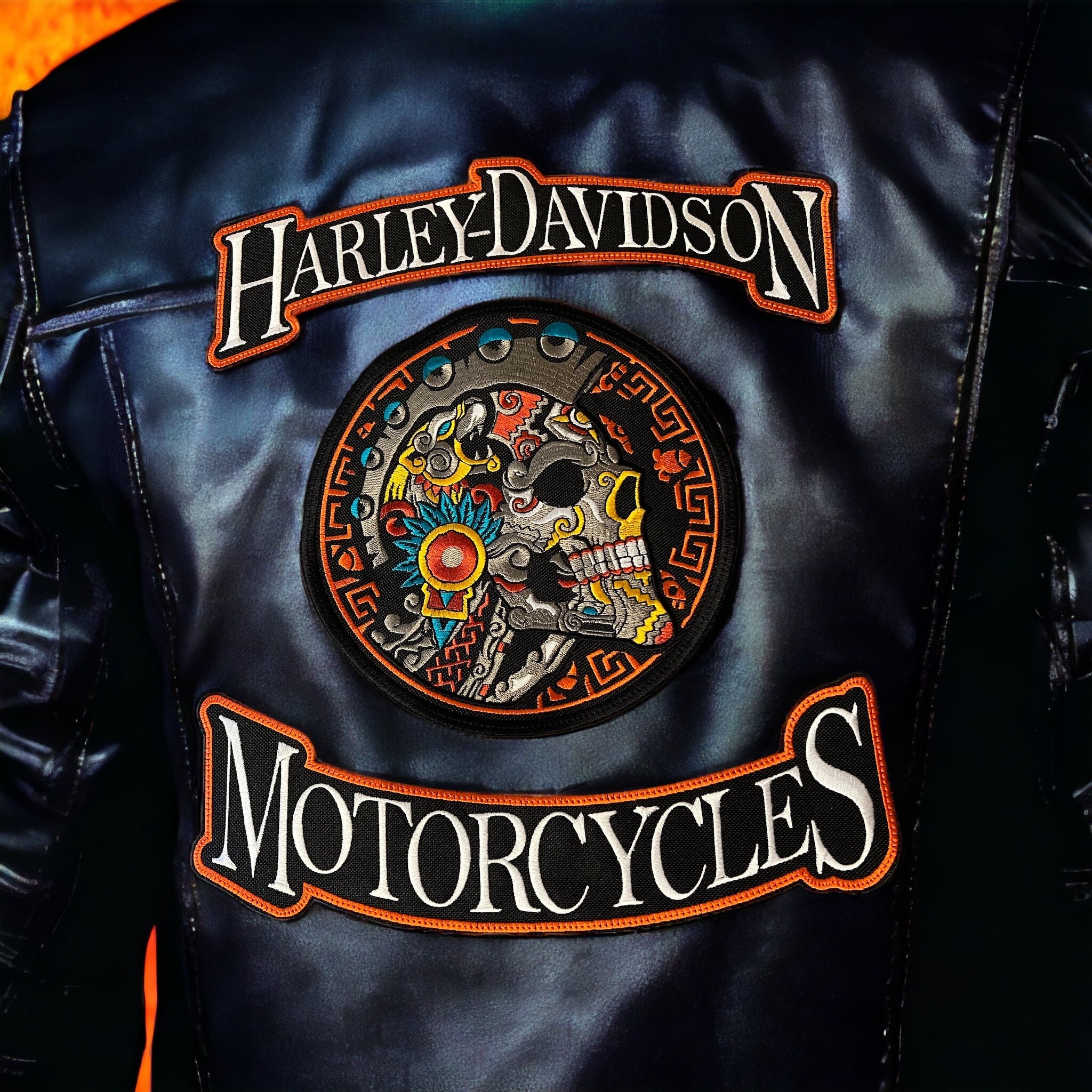 Harley Davidson Rocker Set With Aztec Skull Center Patch Etsy