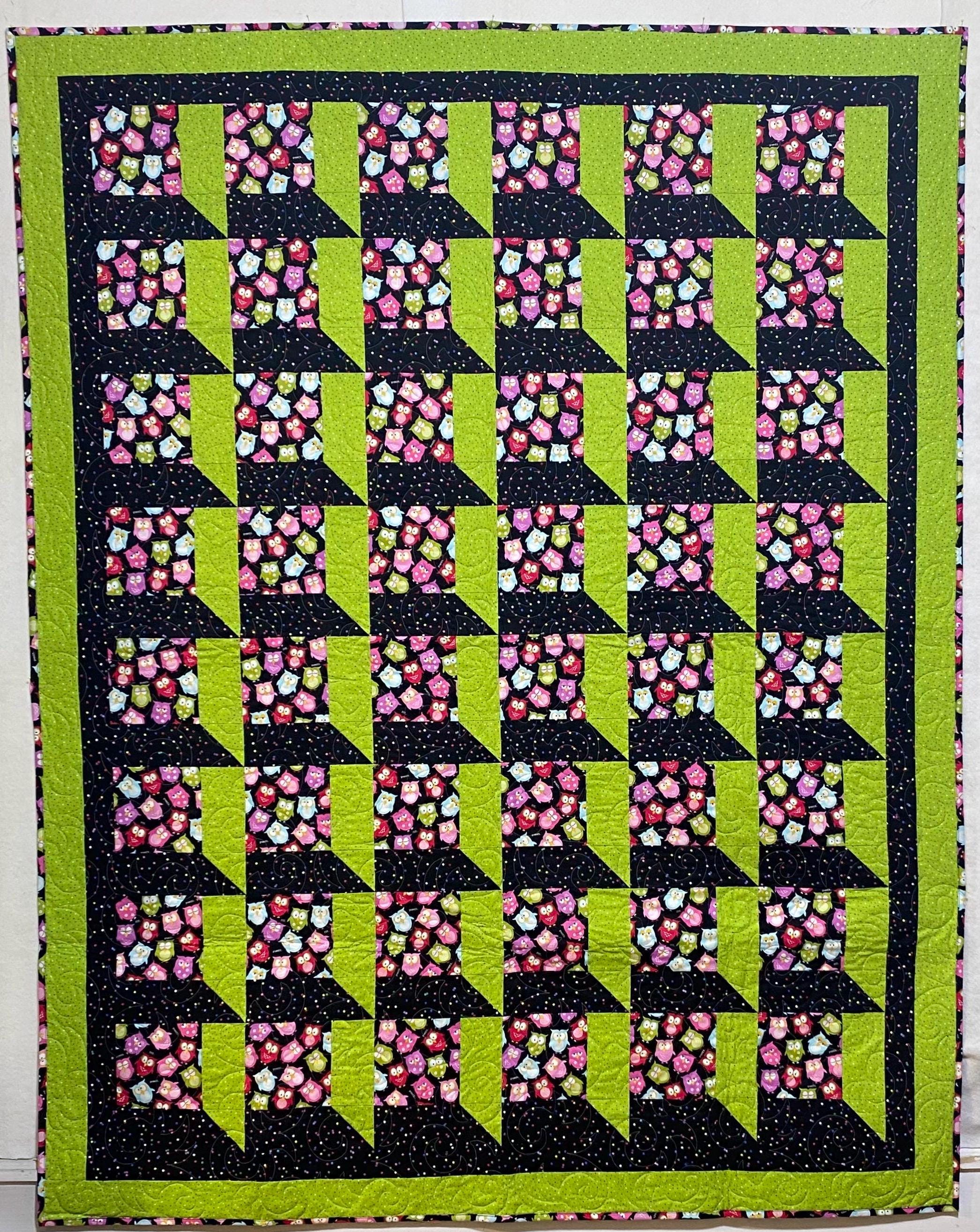 Homemade Owl Quilt: Black, Green, Polka Dot - Twin up to Full Size