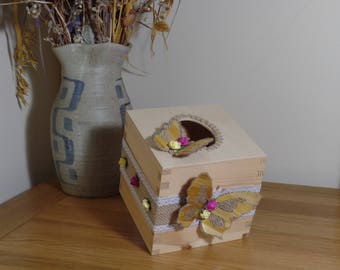 Shabby Chic,butterfly,wooden,make up,tissue,box,holder,ribbon,beige