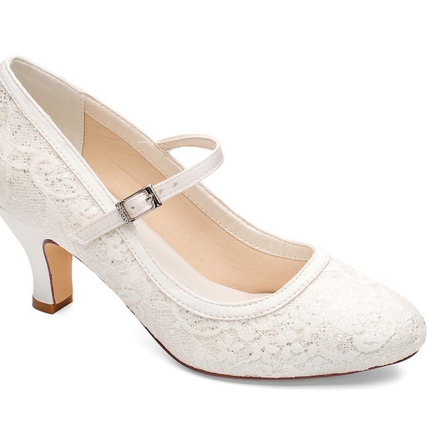 Ivory shimmering Glitter Satin & Lace Overlay Sparkling  Mary Jane Wedding Bridal Low Heel Shoes