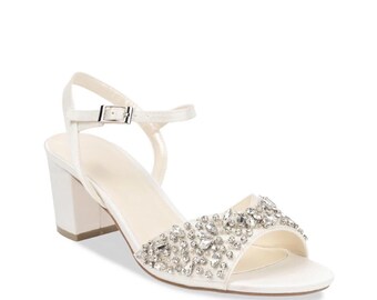 Ivory Wide Fit Satin Wedding Bridal Low Block Heel Sandals, Wide Fit Wedding Shoes, Crystals Embellished Shoes, Bridal Block Heels