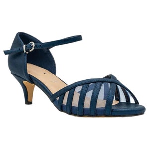 Sandales à talons bas bleu marine scintillants pour mariage, mariée, chaussures de soirée, chaussures glamour d&#39;inspiration vintage, talons chaton de fête