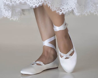 Damen Elfenbein Satin mit rundem Toe flach Hochzeit Braut Flach Ballerina Schuhe
