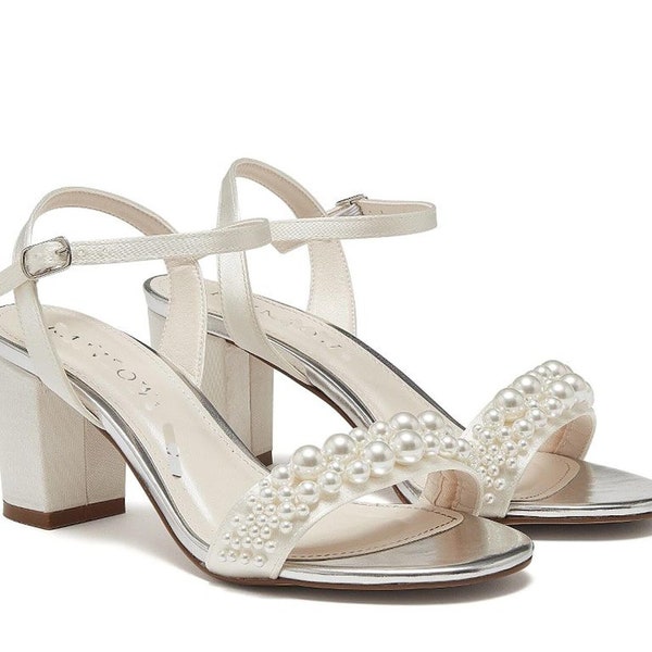 Ivory Satin Wedding Wide Fit Bridal Low Block Heel Sandals, Wedding Shoes, Pearl Embellished Shoes, Bridal Block Heels