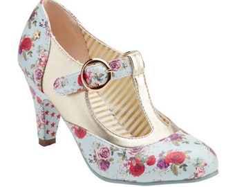 Vintage Inspirierte T Bar Mary Jane Schuhe von Joe Browns, Hellblau mit Blumenmuster Sandalen, Retro Gelegentliche Damen Schuhe