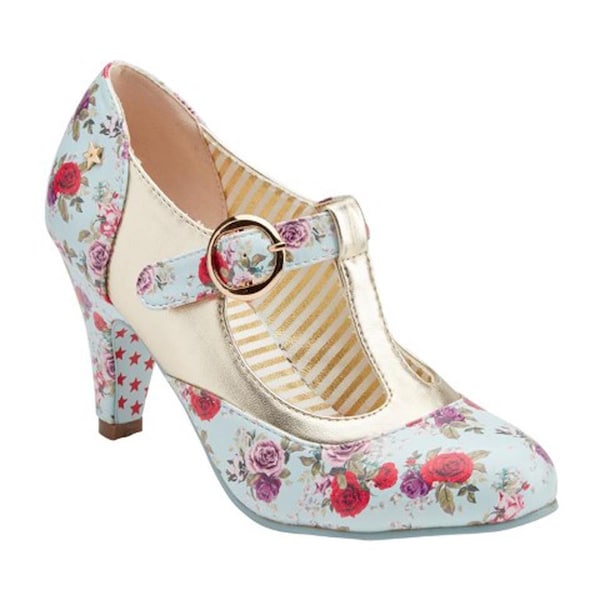 Vintage Inspired T Bar Mary Jane Shoes by Joe Browns, Light Blue With Floral Design Sandals, Retro Occasional Ladies Shoes