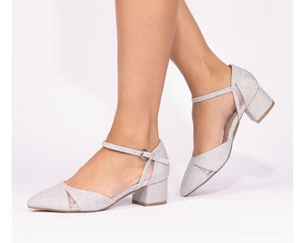 Silver Shimmer Wedding Party Bridal Wide Fit  Low Block Heel Sandals, Evening Shoes, Wide Fit Sandals, Party Block Heels