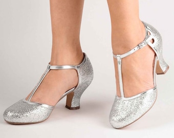 Low Heel Silver Glitter Vintage Inspired T Bar Mary Jane Shoes