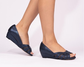 Navy Blue Wide Fit Shoes, Ladies Wedge Heel Shoes, Evening arty Shoes, Low Wedge Heels, Cruise Shoes, Navy Shoes, Special Occasion Shoes,