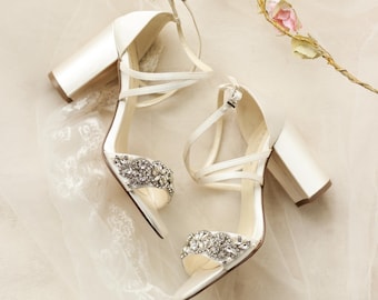 Ivory Satin Wedding Bridal Mid Block Heel Sandals, Wedding Shoes, Crystals Embellished Shoes, Bridal Block Heels