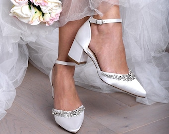 Ivory Satin D'orsay Two Part Bridal Low Block Heel Flat Shoes, Diamante Trim Wedding Flats, Low Block  Heel Bridal Shoes, Wedding Sandals,