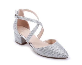 Wide Fit Silver Shimmer Low Block Heel Shoes, Sandales de fête, Chaussures occasionnelles, Sandales de mariage à lanières