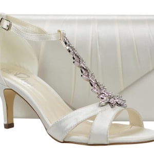 Ivory Satin Vintage Inspired Diamante Embellishment T Bar Wedding Bridal Peep Mid Heel  Sandals Shoes & Matching Bag