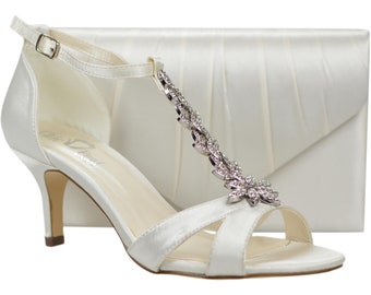 Ivory Satin Vintage Inspired Diamante Embellishment T Bar Wedding Bridal Peep Mid Heel  Sandals Shoes & Matching Bag