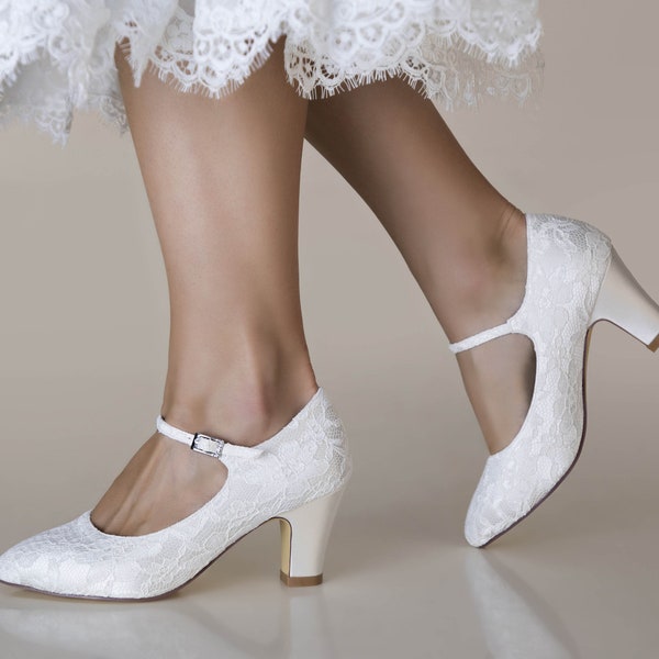 Low Heel Ivory Lace Vintage Inspired Mary Jane Wedding Bridal Shoes