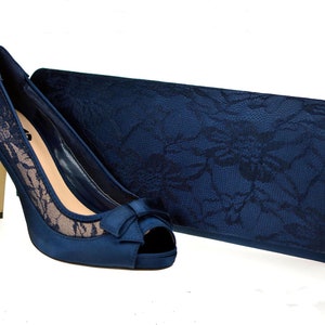 Navy Blue Lace High Heel  Vintage Inspired Bow Embellishment Shoes With Matching Bag,  Wedding Bridal Peep Mid Heel  Sandals