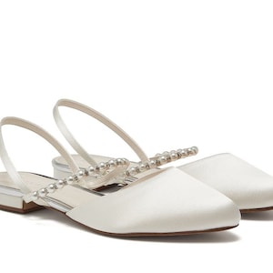 Ivory Satin Wedding Pearl Slingback Flats  Dyeable Bridal Low Heel  Shoes  Comfortable Occasion  Shoes