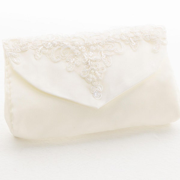 Bridal Taffeta & Lace Bridal Bag, Bridal Clutch Bag, Ivory bride clutch with Venice lace , Bride Purse With Lace And Pearls