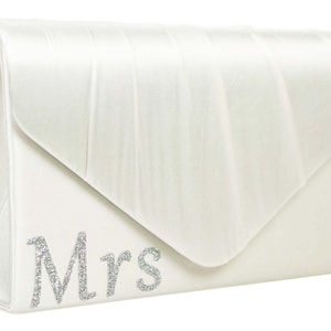 MRS Ivory Satin Wedding Day Bridal Clutch Bag, Bridal Purse, Envelope Clutch