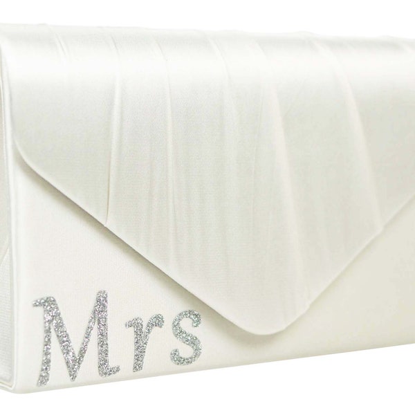 MRS Ivory Satin Wedding Day Bridal Clutch Bag, Bridal Purse, Envelope Clutch