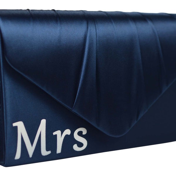 MRS Navy Blue Satin Wedding Day Bridal Clutch Bag, Bridal Purse, Envelope Clutch