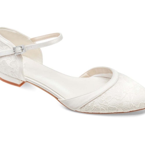 Ivory Satin & Lace Overlay Sparkling D'orsay Two Part Wedding Bridal Low Heel Flat  Shoes