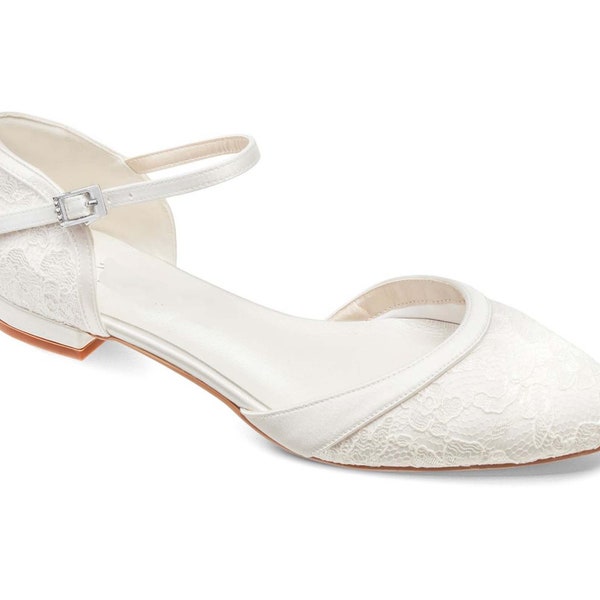 Ivory Satin & Lace Overlay Sparkling D'orsay Two Part Wedding Bridal Low Heel Flat  Shoes