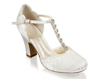 Ivory Satin & Lace Vintage Inspired Crystal T Bar Wedding Bridal  Mid Block Heel Sandals Shoes