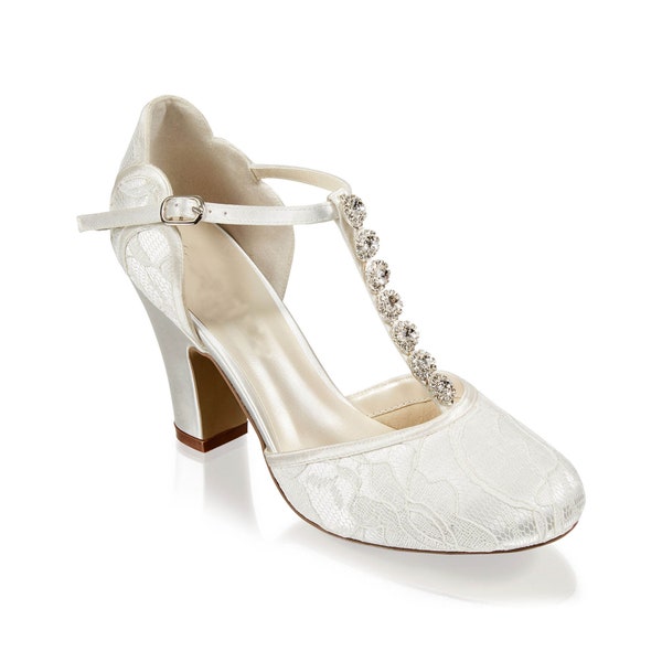 Ivory Satin & Lace Vintage Inspired Crystal T Bar Wedding Bridal  Mid Block Heel Sandals Shoes