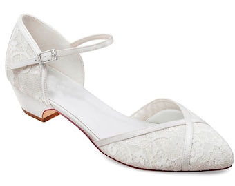 Ivory shimmering Glitter Satin & Lace Overlay Sparkling D'orsay Two Part  Wedding Bridal Low Heel Flat  Shoes