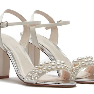 Ivory Satin Wedding Bridal Mid Block Heel Sandals, Wedding Shoes, Pearl Embellished Shoes, Bridal Block Heels