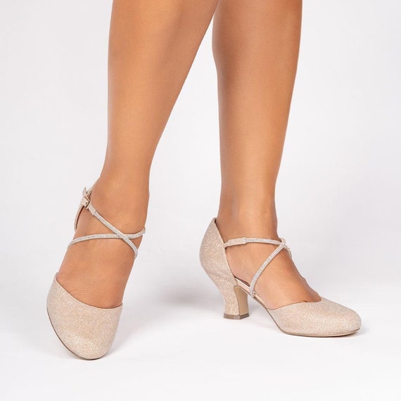 Champagne Glitter Vintage Inspired Low Heel Shoes, Shimmery