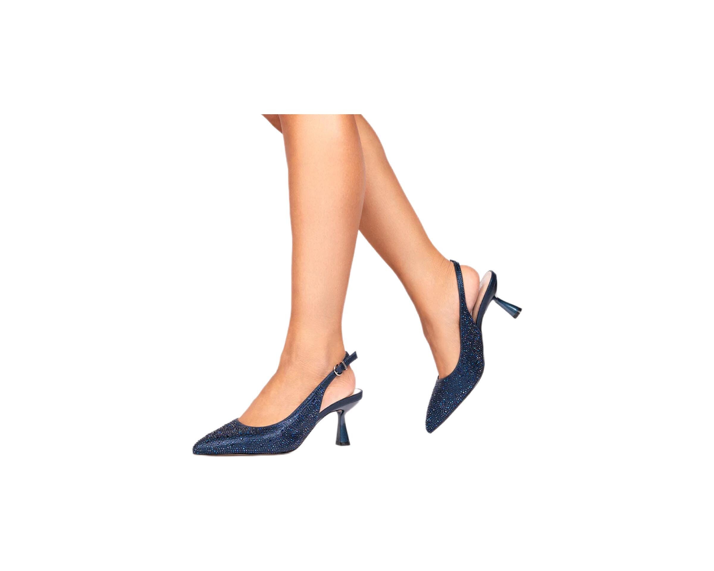 Navy Blue Crystal Wide Fit Wedding Party Slingback Sandals Low Heel Sandals Evening Shoes Kitten Heels Cruise Dressy Shoes Etsy