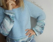 Striped sweater.Wool Chunky sweater.Blue knit womens sweater.Loose sweater.Oversized sweater.Knitted sweater on one shoulder.Warm pullover