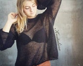 Black mohair sweater,Loose knit sweater,Light sweater,Oversized handknit sweater,Bohemian sweater,Off shoulder sweater,Chunky knit sweater