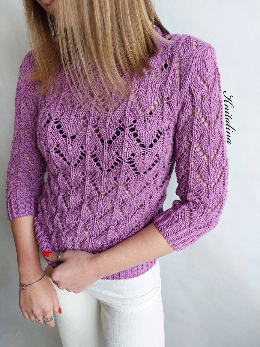 Spring Pullover Lace Cotton Sweater, Knit Openwork Sweater, Fuchsia Pink Sweater ...