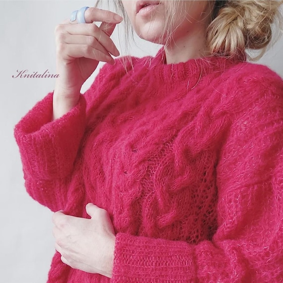 Alpaca Loose Sweater,Cable Knit Sweater,Oversize Woman Pullover, Cerise Neon Pink Red Purple Alpaca Silk Sweater, Boho Soft Alpaca Pullover