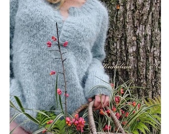 Alpaca Wool Polo Sweater, Fluffy Pullover, V-neck Sweater, Hand Knit Womens Sweater, Sea Green Blue White Yellow Pink Beige Grey  Sweater.