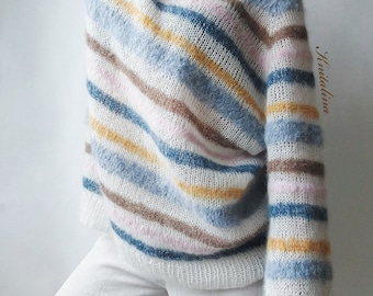 Rainbow Pastel Sweater. Striped Mohair Pullover. Loose Colorful Alpaca Mohair Oversize Sweater. Alpaca Womens Oversize.