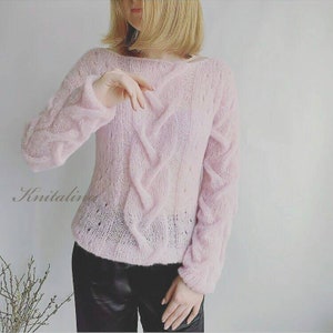 Light pink alpaca sweater,women alpaca silk sweater,pink silk sweater,cable knit sweater,cable soft sweater,women alpaca pullover.