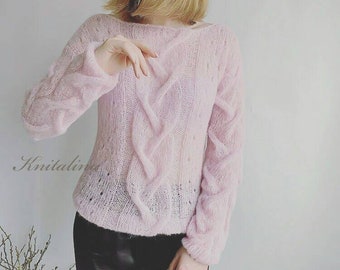 Pull en alpaga rose clair, pull en soie d'alpaga pour femme, pull en soie rose, pull en maille torsadée, pull doux en maille torsadée, pull en alpaga pour femme.