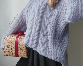 Alpaca Womens Sweater. Lilac Lavender Alpaca Sweater. Knitted Cables Oversized Pullover. Alpaca Loose Sweater. Wool Silk Alpaca Sweater.