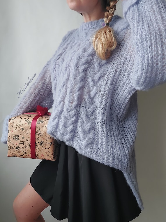 Alpaca Womens Sweater. Lilac Lavender Alpaca Sweater. Knitted Cables Oversized Pullover. Alpaca Loose Sweater. Wool Silk Alpaca Sweater.