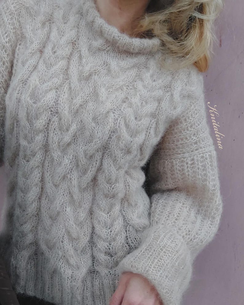 Alpaca trui met losse pasvorm, kabelgebreide trui, oversized damespullover, kersenroze neonroze roodpaarse alpaca zijden trui, boho zachte alpaca pullover afbeelding 7