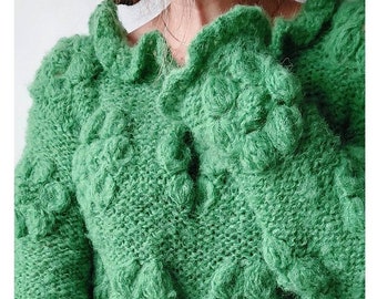 Fluffy Alpaca Sweater. Ruffle Floral Sweater. Luxurious Alpaca Wool Sweater. Floral Sweater. Green Soft Alpaca Pullover. Hand Knit Sweater.