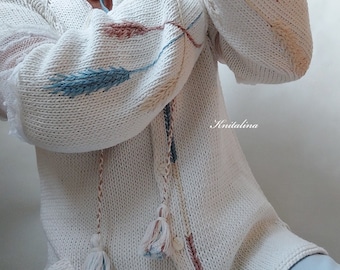 Sweter kardigan z haftem, ręcznie robiony na drutach bawełniany sweter z koronką, biały bawełniany sweter zapinany na guziki, haftowana kurtka z kwiatowym haftem, gotowy do wysyłki