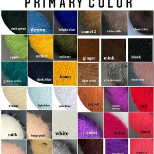 May include: A chart of yarn colours with names for each colour. The colours include dark green, denim, bright blue, camel, white, chocolate, apple, ochre, military, ginger, mink, black, green wafe, dark blue, honey, light mink, grey marengo, dusty rose, cream, light blue, pale blue, carrot, purple fuchsia, red, milk, white, violet, fuchsia, coral, beige pink, peach, camel, grey, marsal, blackberry, and raspberry.