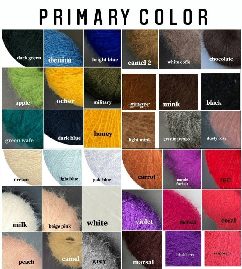 May include: A chart of yarn colours with names for each colour. The colours include dark green, denim, bright blue, camel, white, chocolate, apple, ochre, military, ginger, mink, black, green wafe, dark blue, honey, light mink, grey marengo, dusty rose, cream, light blue, pale blue, carrot, purple fuchsia, red, milk, white, violet, fuchsia, coral, beige pink, peach, camel, grey, marsal, blackberry, and raspberry.